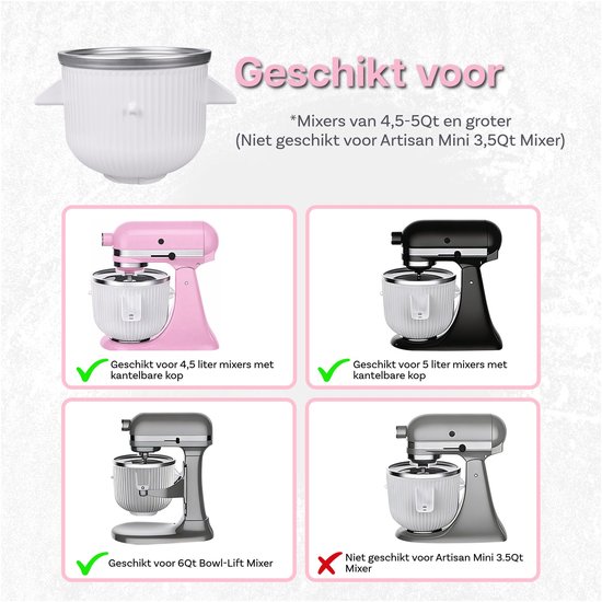 IJsmaker Opzetstuk voor KitchenAid Stand Mixers - Geschikt voor 4.5QT, 5QT & 6QT Tilt-Head en Bowl-Lift Mixers - 1,9L IJskom voor IJs, Sorbet, Gelato en Frozen Yoghurt van Merkloos — afbeelding 4