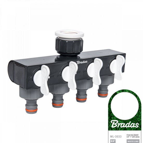 4-weg waterverdeler met kleppen, 4 uitgangen, regelbare kraanverdeler 3/4″ en 1″ aansluiting kunststof
