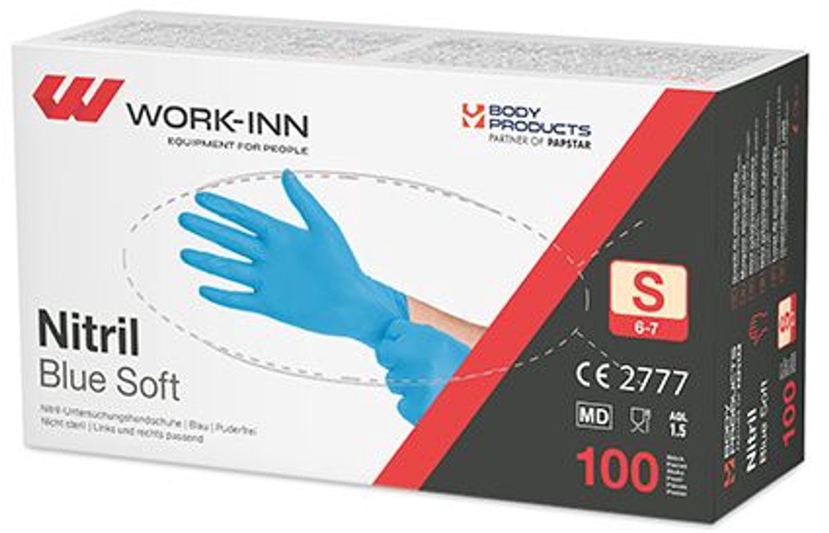 10x 100 WORK-INN/PS Handschoenen Nitril poedervrij Blue Soft blauw Maat: S