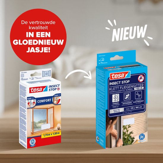 Vergelijking van oude en nieuwe tesa Insect Stop hor verpakkingen. De nieuwe is premium.