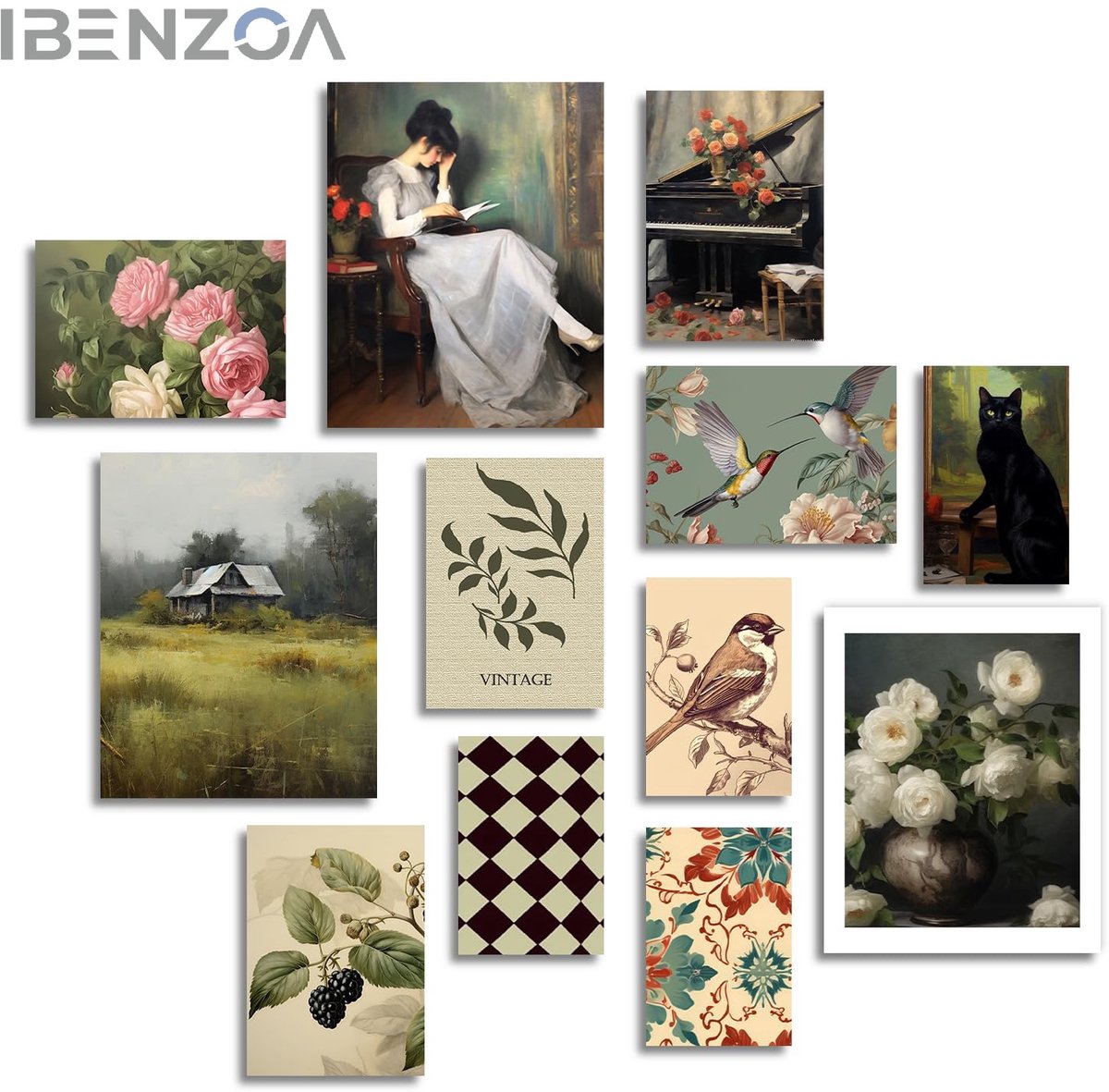 Ibenzoa Rustieke Wanddecoratie - Vintage Bloemen en Vogels - Set van 12 - Zonder Frame Multicolor
