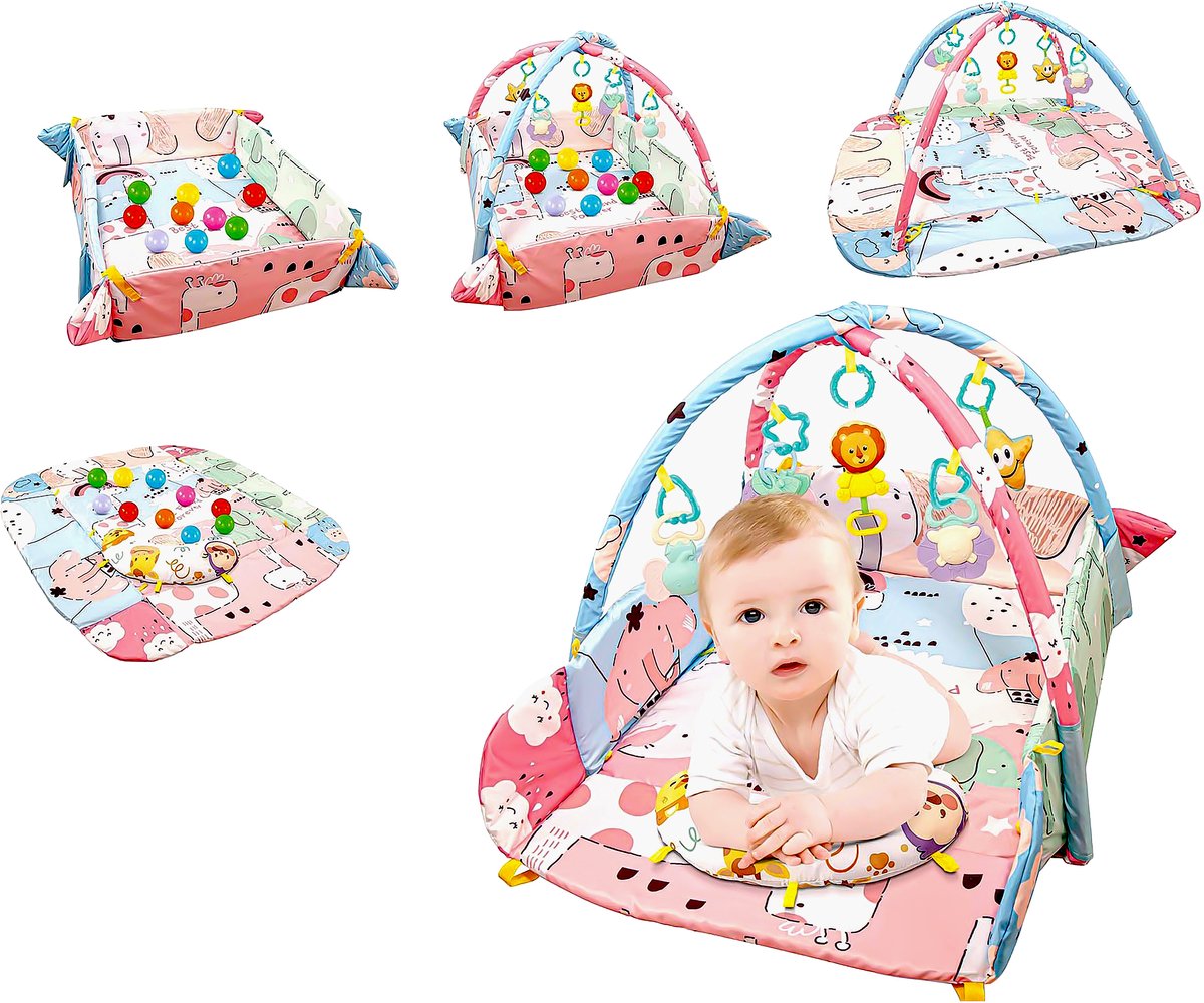 Speelkleed Baby met Boog - Buikligtrainer - 110 x 95 cm - Buiktrainer Baby - Inclusief 30 ballen - Tummy Time - Speelmat Baby - Speelboog - Babygym