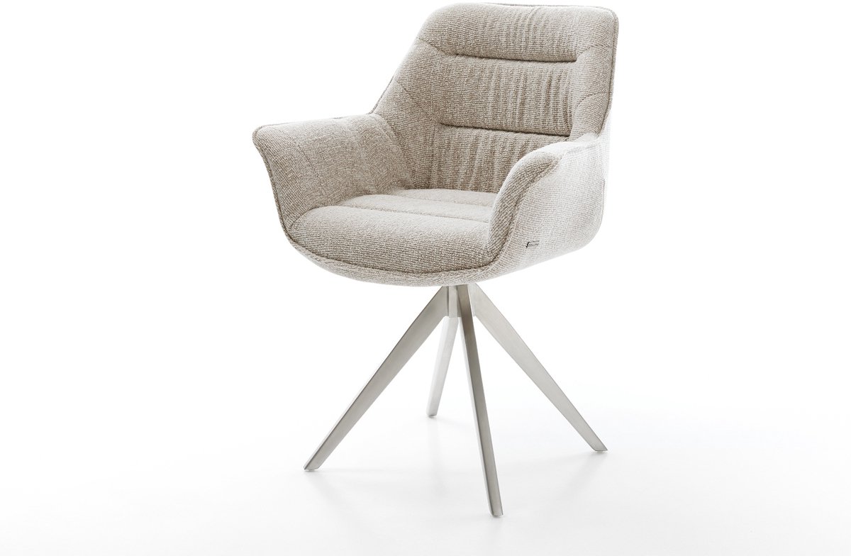 Eetkamerstoel Kaira-Flex kruisframe hoekig roestvrij staal geweven stof beige 180° draaibaar