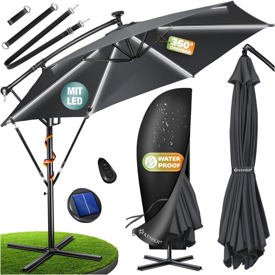 KESSER® Zweefparasol ⌀350cm met LED Solar Verlichting en voet - Parasol 360° Incl. Beschermhoes