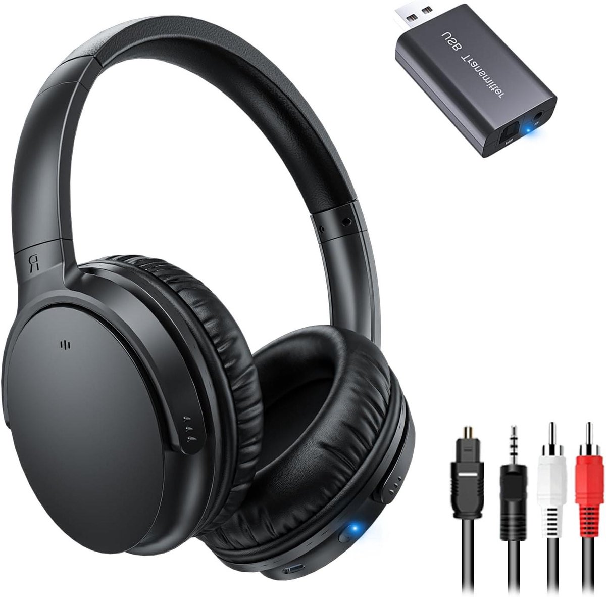 Draadloze tv-hoofdtelefoon voor senioren, AptX Low Latency, One Button Design over-ear tv-headset met USB-zender (optisch/RCA/AUX/USB), luider en duidelijker voor slechthorendheid, 20 uur speeltijd