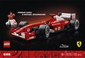 Voiture de course LEGO Icons Ferrari F2004 rouge et blanche, avec figurine de Michael Schumacher et trophée.