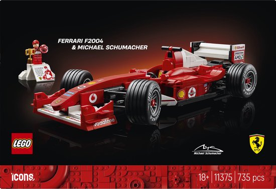Voiture de course LEGO Icons Ferrari F2004 rouge et blanche, avec figurine de Michael Schumacher et trophée.
