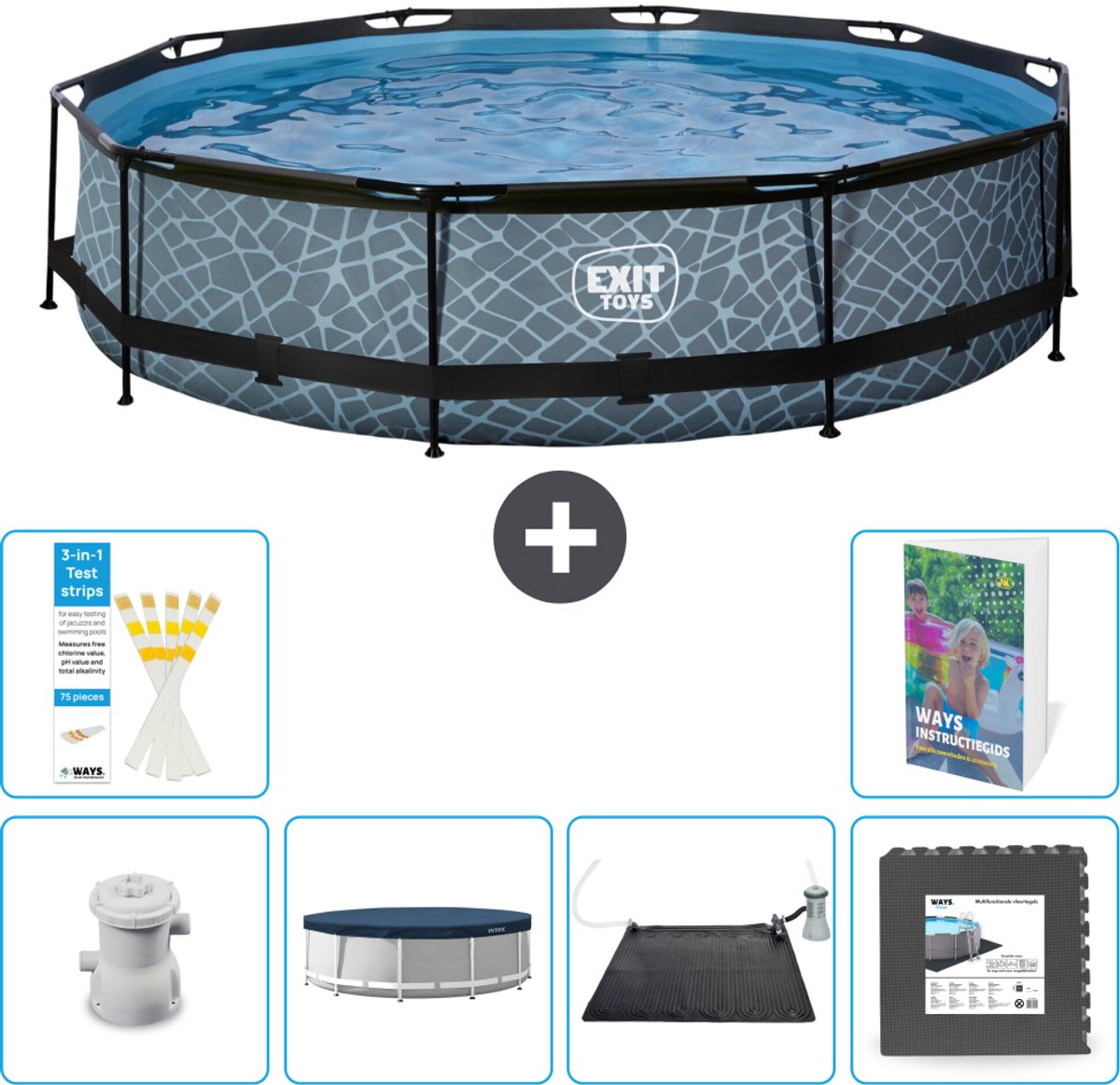 EXIT Rond Stone Frame Zwembad - 360 x 76 cm - Inclusief Pomp Afdekzeil - Solar Mat - Vloertegels - 7-delig