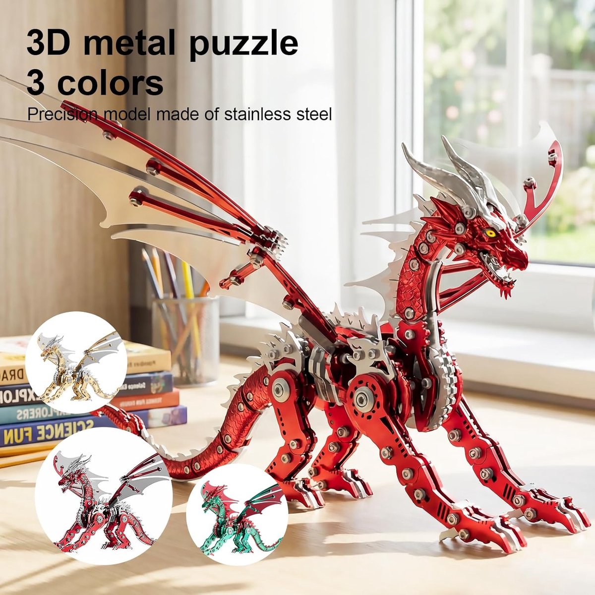 Metalen Puzzel Draak - 3D Bouwpakket - Creatief Hobbywerk - Lijmvrij Assembleren - 25 x 15 cm - Rood