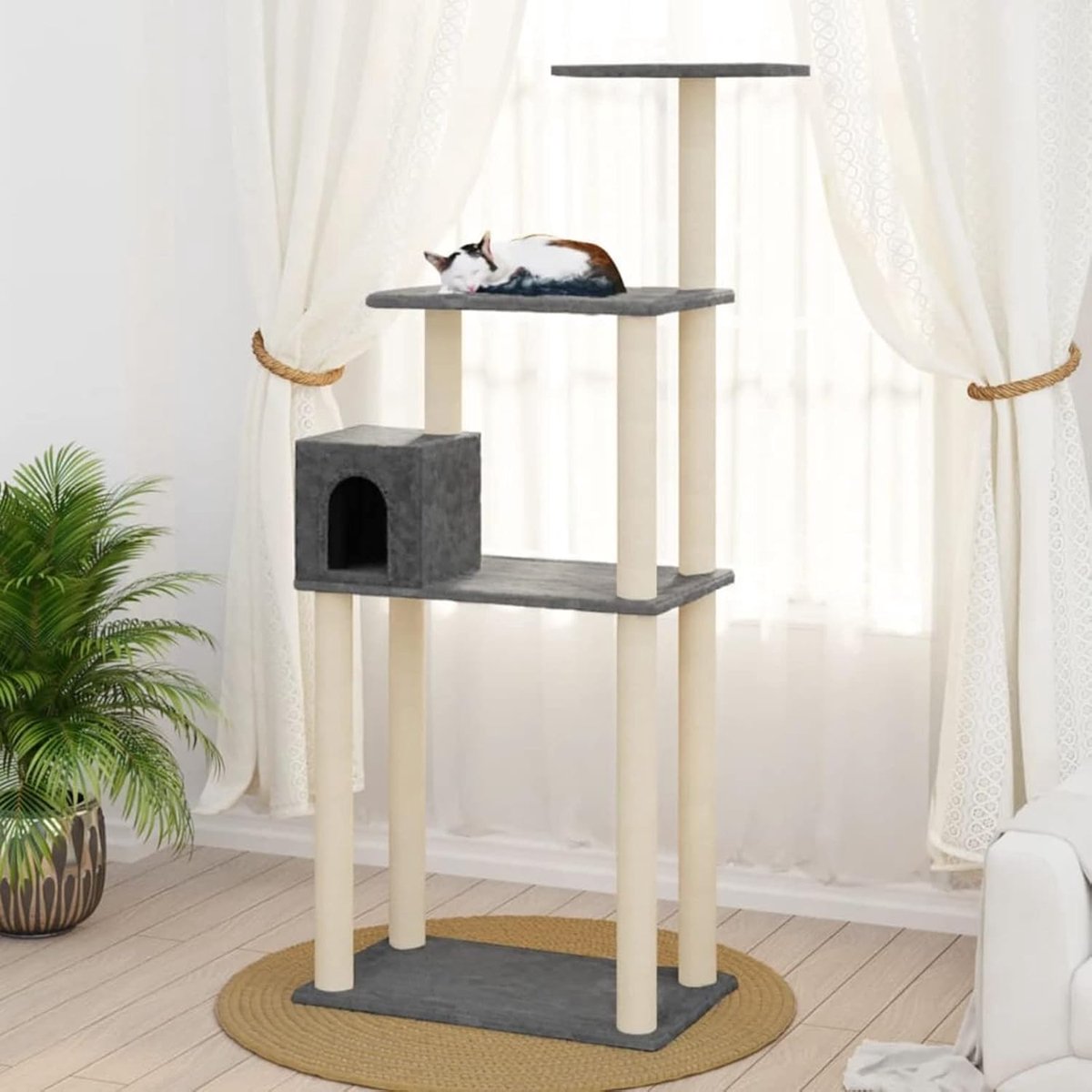 Krabpaal Kattenboom - Klimpaal Krabmeubel - Krabben Klimmen Slapen - Sisalpalen Anti-slip - 147 cm Hoog - Donkergrijs