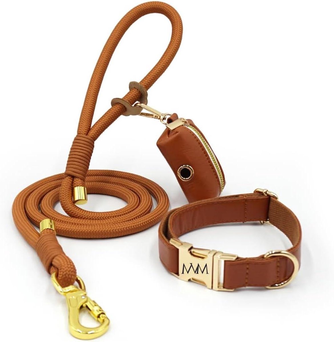 MVM Hondenriem met halsband en poepzakdispenser, waterdicht en onderhoudsvriendelijk, PU-leer en gevlochten nylon, gouden sluitingen, verstelbaar, voor kleine, middelgrote en grote honden, bruin