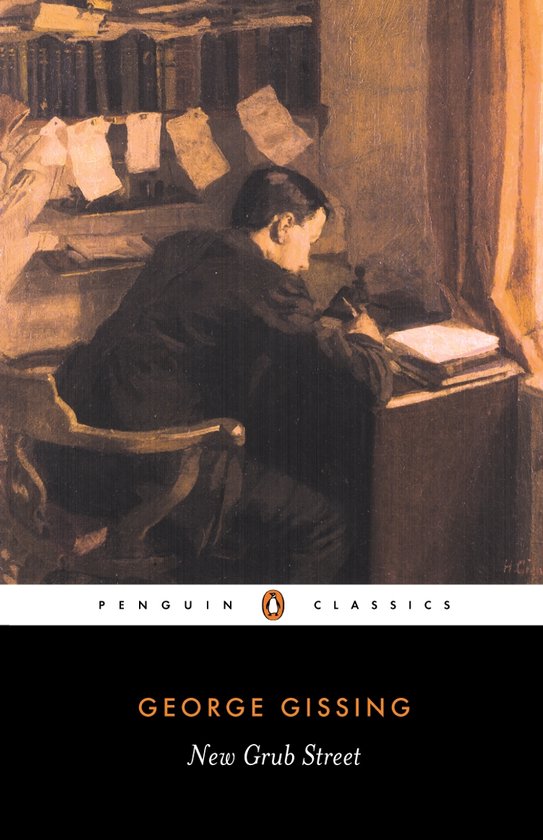 Boekcover van George Gissing's 'New Grub Street' met een schilderij van een man die aan een bureau schrijft.