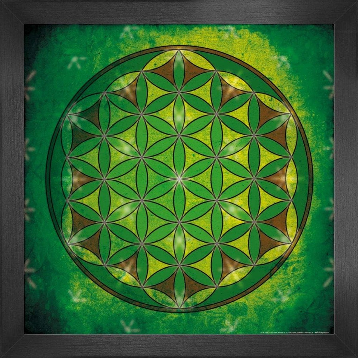 Mandala Kunstdruk - Bloem des Levens - Muurdecoratie - Met Zwarte Lijst - 40x40cm Rond