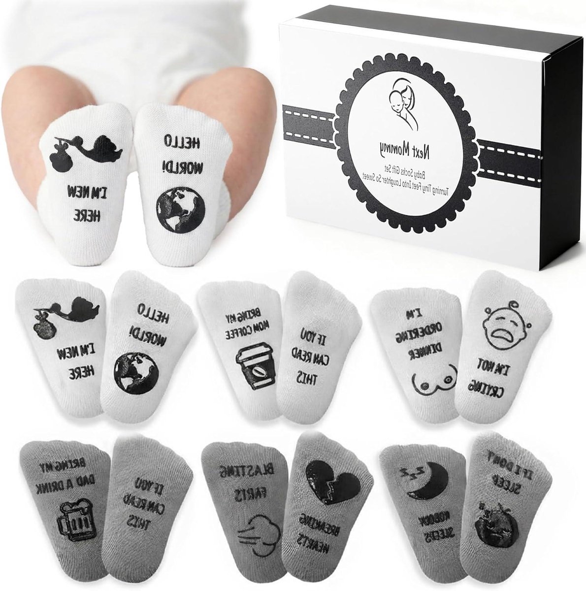 Babysokken Cadeauset - Sokjes Baby - Kraamcadeau - 6 Hilarische Ontwerpen - 12x6x1.27 cm - Genderneutraal