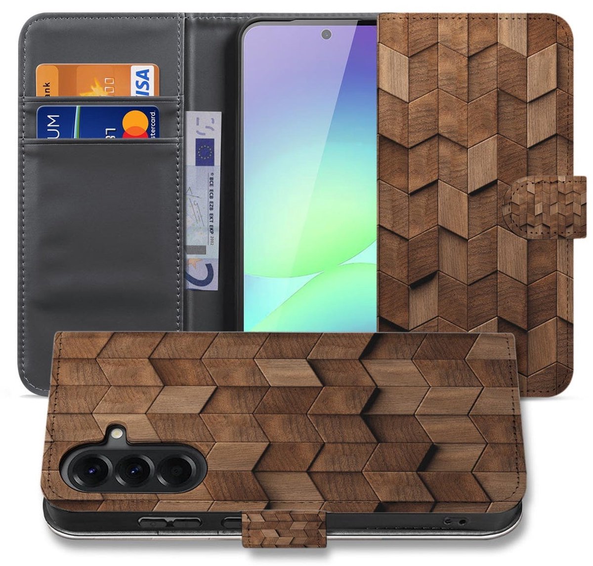 Bookcase Hoesje Samsung Galaxy A37 Bruin Houtprint met Pasjeshouder