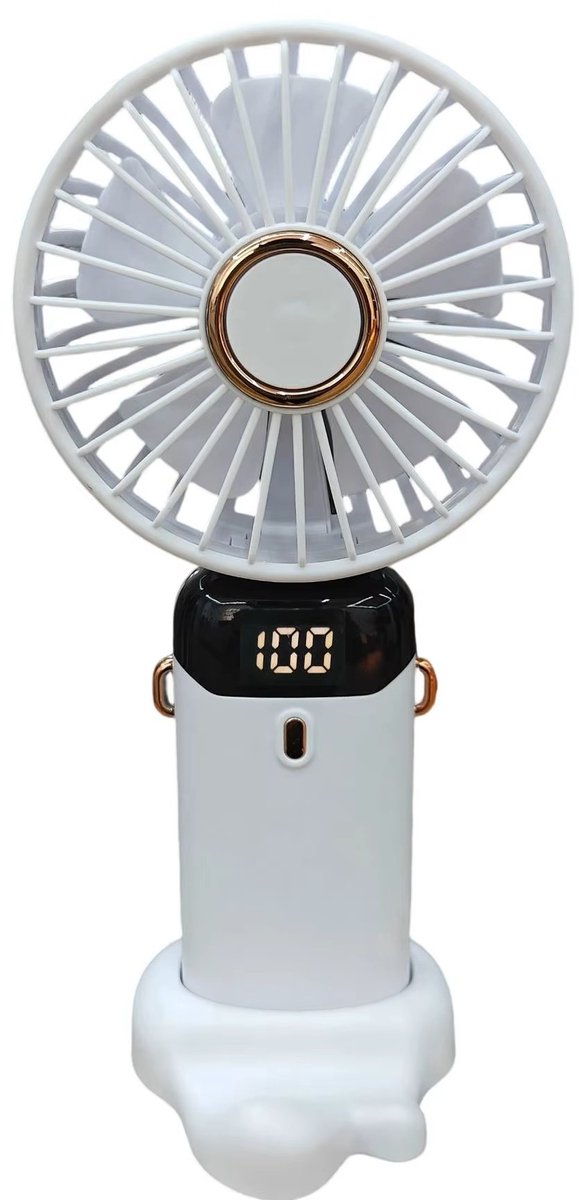Handventilator - Kleine USB-ventilator - Mini Ventilator - Draagbare mini-ventilator - Oplaadbare batterij - 3600 mAh - Digitaal beeld - 5 Standen - Ventilator - Nek Ventilator usb oplaadbaar - Opvouwbaar met Display - Wit