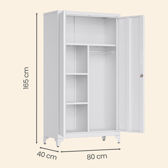 Witte metalen archiefkast met afmetingen 165 x 80 x 40 cm, met kledingroede en planken.