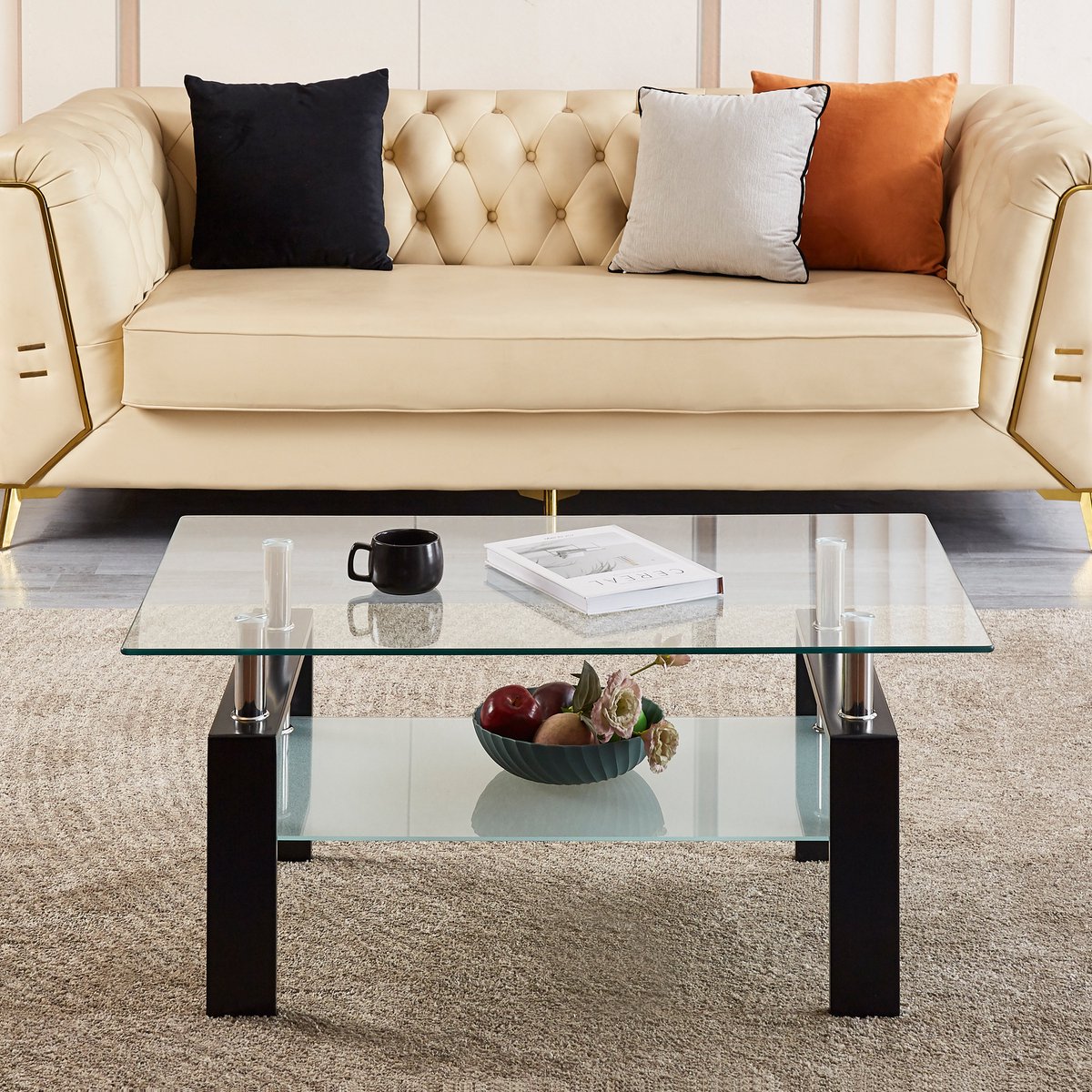 MODFU Salontafel - Tweelaags - Modern - Voor Woonkamer - Glas En Metaal - Transparant - 100 X 60 X 44 Cm
