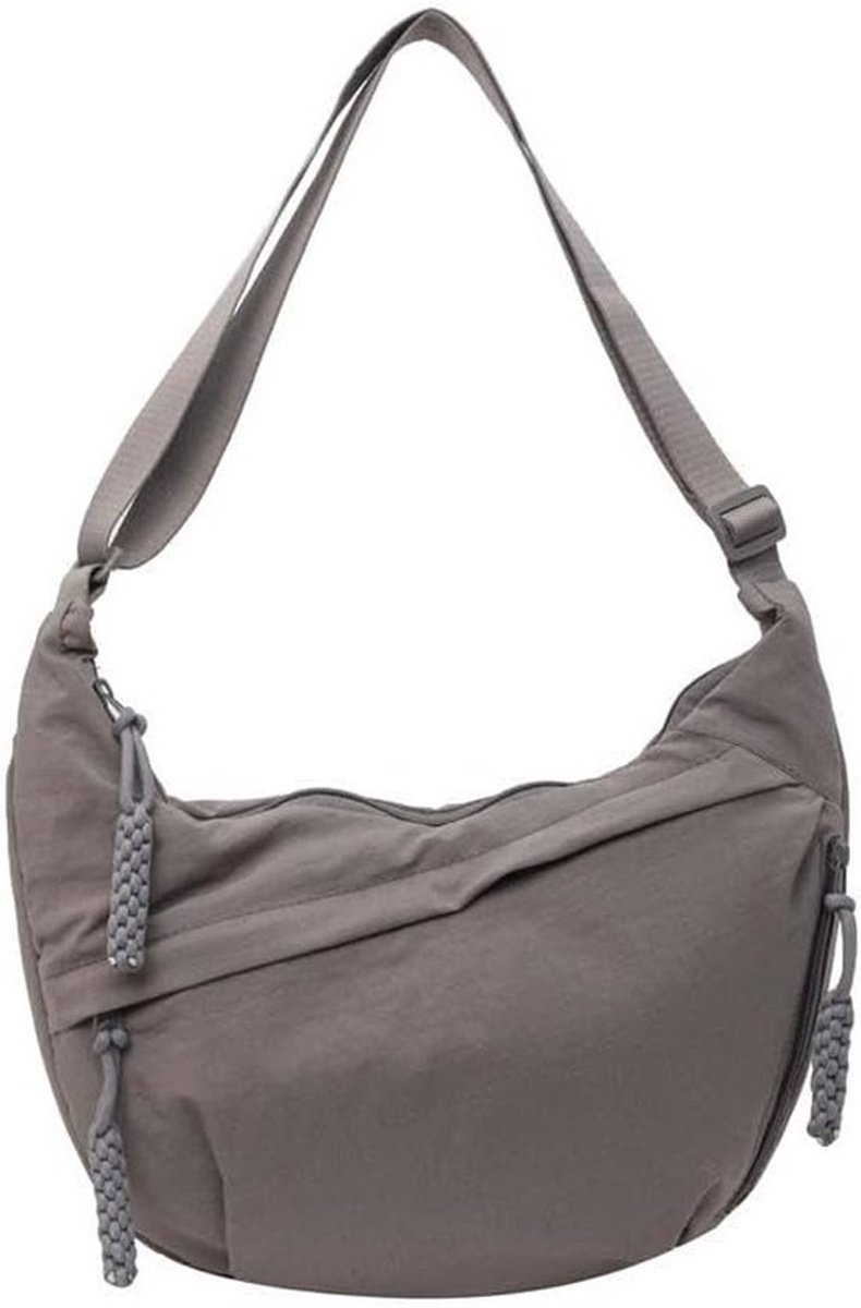 Nylon Schoudertas Dames – Grijs – Grote Capaciteit Crossbody Tas Met Ritssluiting – Lichtgewicht Halve Maan Handtas Voor Werk, Reizen en Dagelijks Gebruik