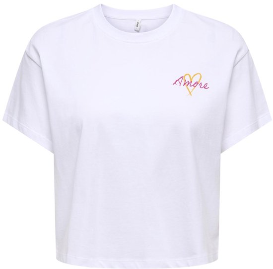 Witte cropped T-shirt met 'Amore'-tekst en hartprint in roze en oranje.