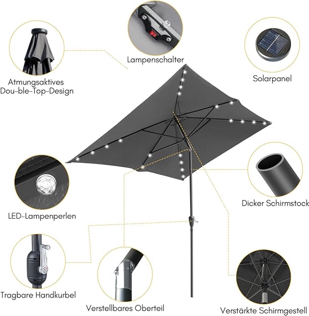 Terrasparasol LED Depauwonen Rond 300 cm – Marineblauw, Windbestendig, Knikbaar tot 35°, Zonnepaneel Verlichting, Patio & Tuin Parasol, Waterafstotend, Hoogwaardig Polyester, Metaal Frame – Afmetin...