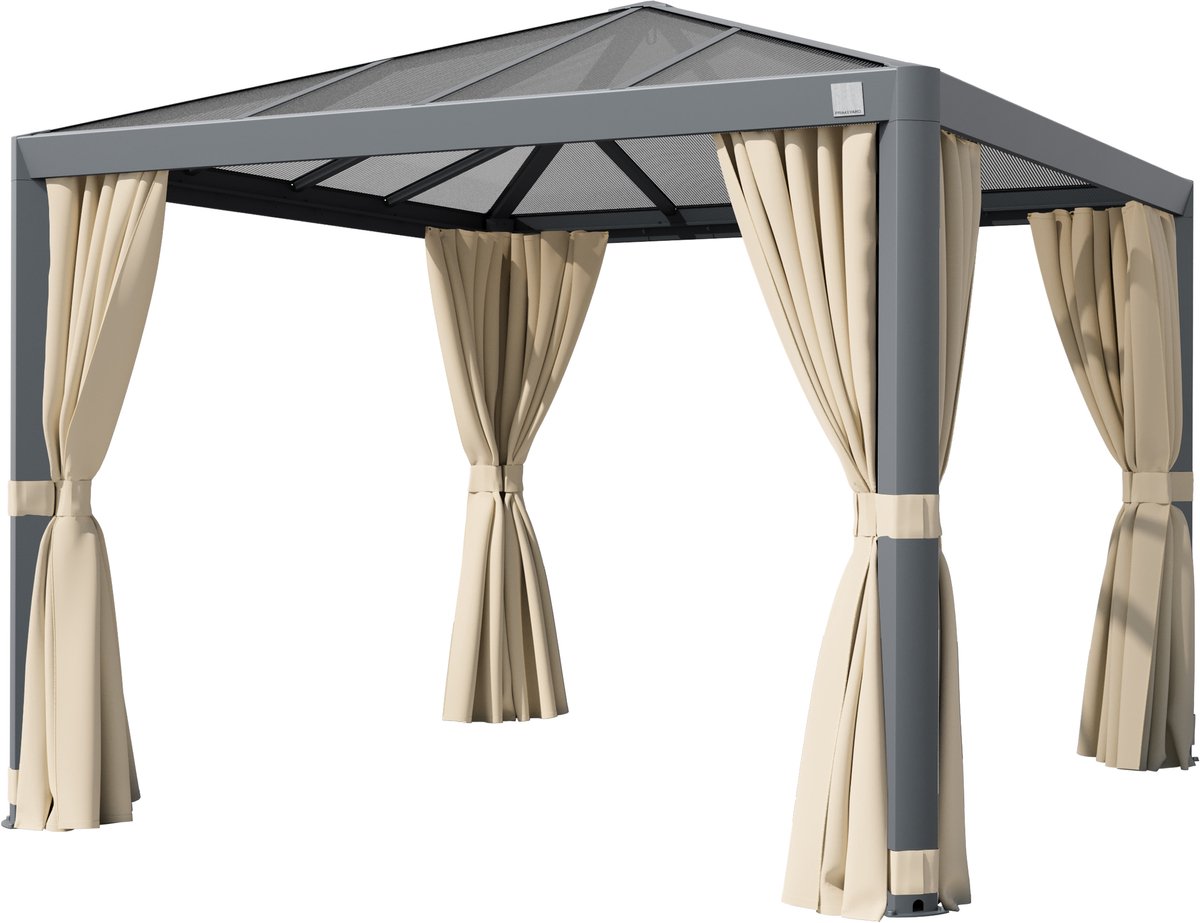 PRIMEYARD Tuinpaviljoen 3x3 m met polycarbonaat dak ca. 7 mm - Hardtop paviljoen met 4 zijwanden in crème