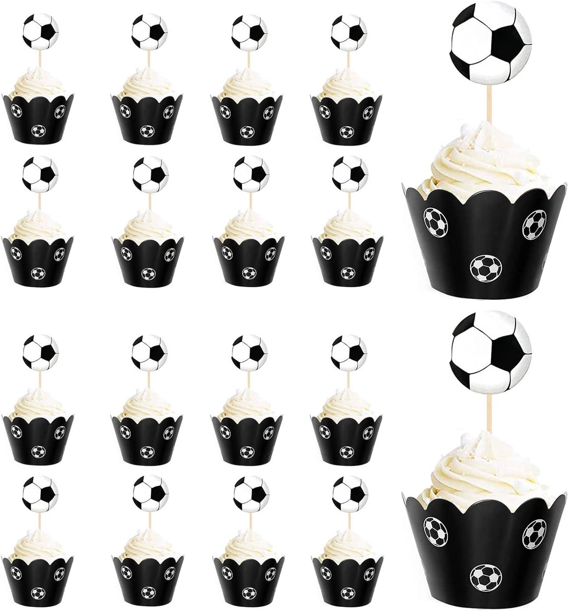 Voetbal Muffins Decoratie: 36 Stuks Cupcake Toppers en Wikkels voor Kinderfeestjes, Babyshowers en Taartversiering
