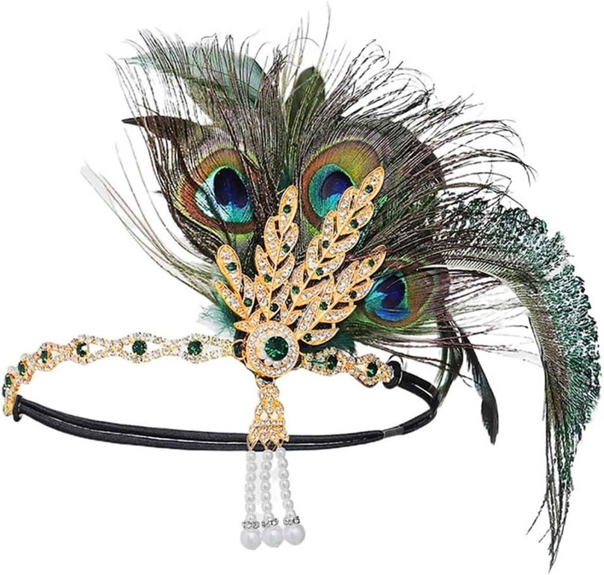 Pauwveren Gatsby Hoofdband met Groene Kristallen voor Feest, Bruiloft en 1920s Kostuumaccessoires voor Dames