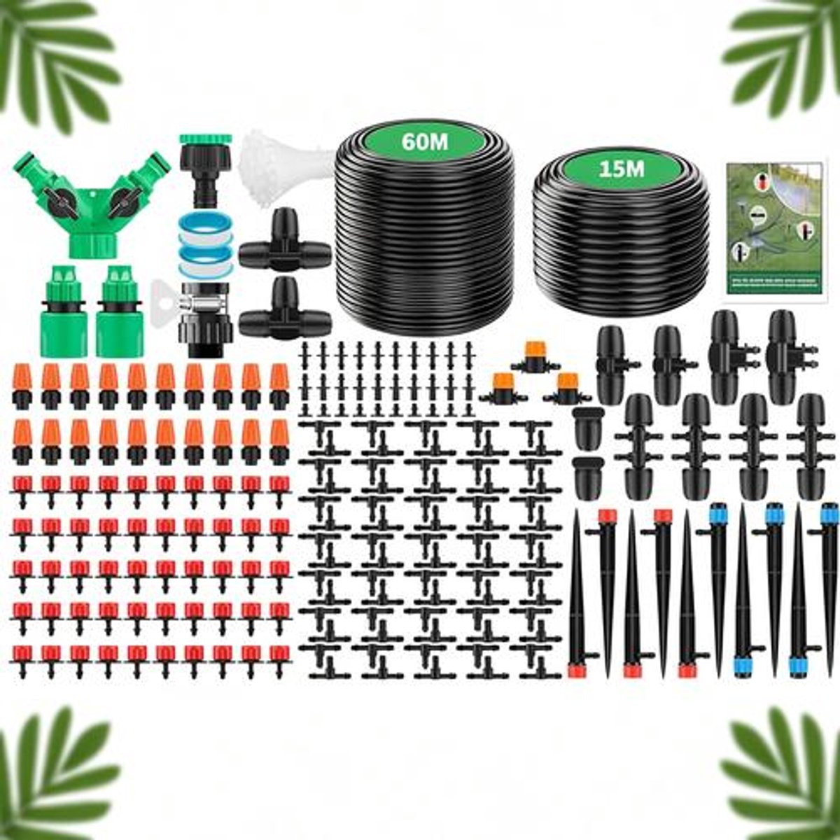 Irrigatiesysteem 315-delig met 60 m + 15 m buizen – Druppelirrigatie en sproeiirrigatie voor tuin, kas en terras