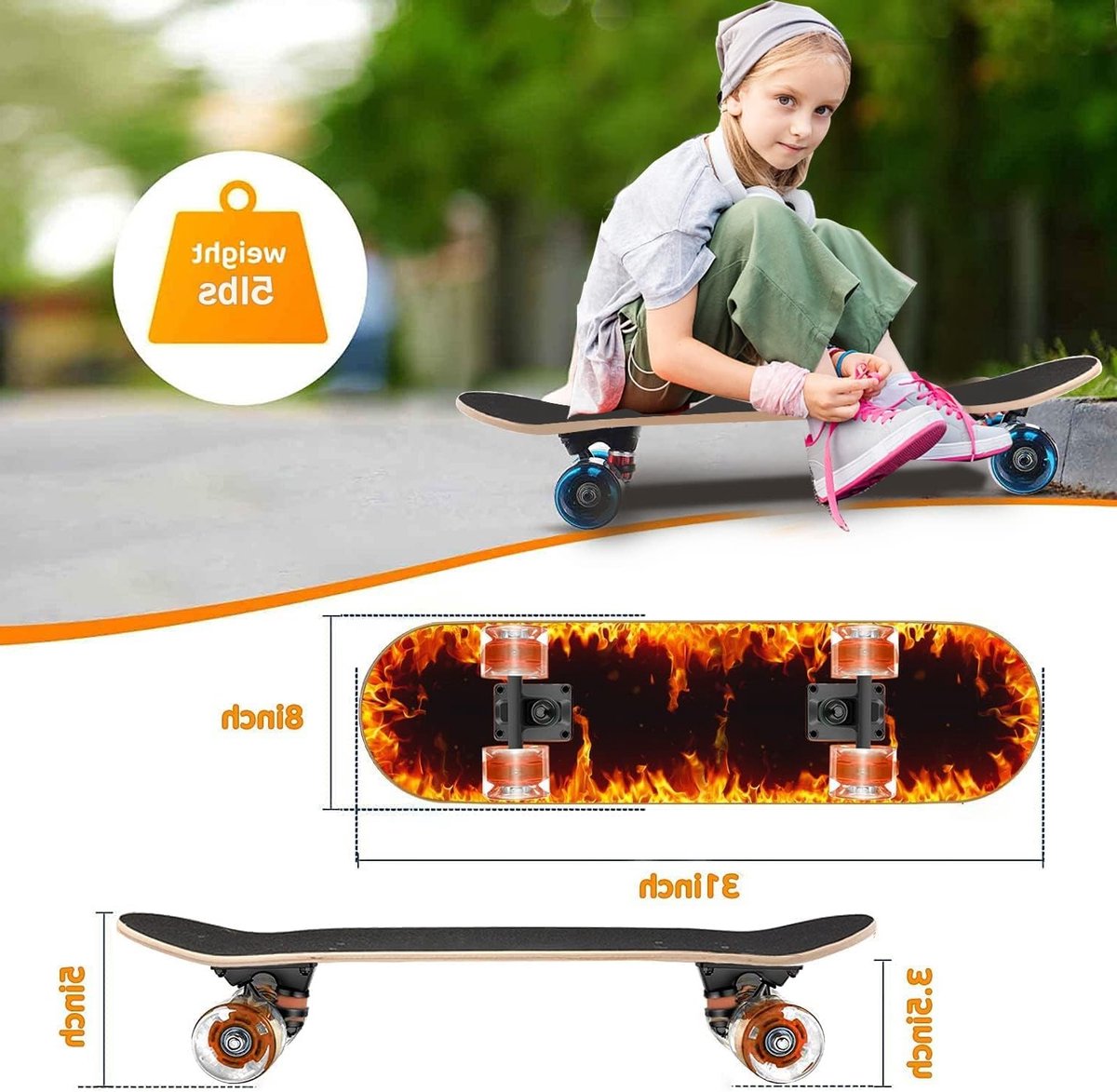 Kleurrijke Skateboards met Flitsende Wielen voor Beginners en Kinderen - Compleet 28 x 8 Inch Skateboard van 9 Laags Canadees Esdoornhout, Ideaal voor Jongeren en Volwassenen