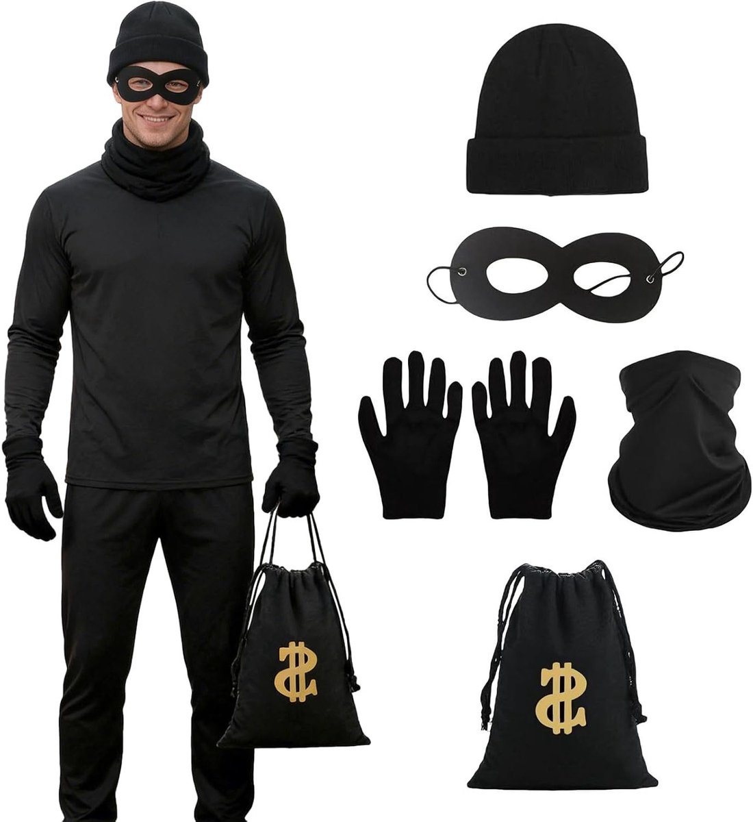 Volwassen Rover Kostuum met Zwarte Hoed, Masker, Sjaal, Geldzak en Handschoenen - Ideaal voor Halloween, Carnaval en Themafeesten