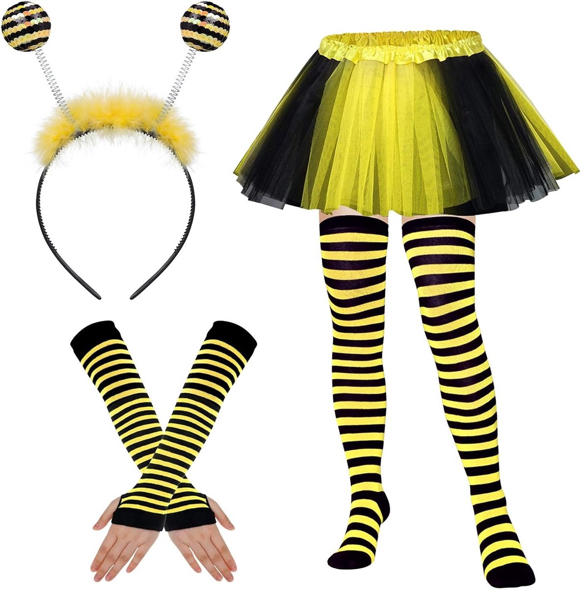 Feestkostuum voor dames met bijenthema, inclusief antenne-hoofdband, tule rok en accessoires voor carnaval en Halloween