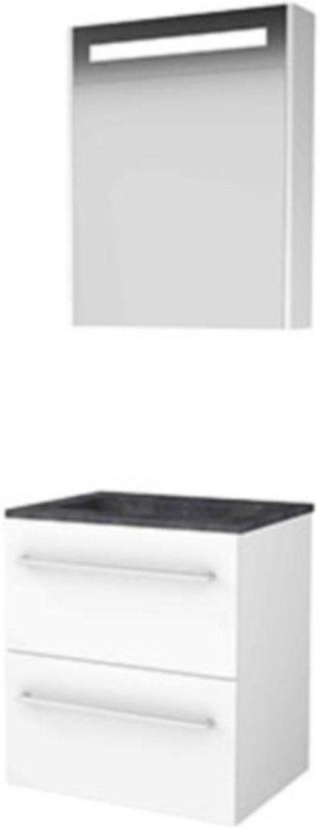 Basic-Line Premium 46 Badkamermeubelset - 60 x 46 cm - Met Grepen - 2 Lades - Hardstenen Wastafel - Zonder Kraangat - Spiegelkast met LED Verlichting - Ice White