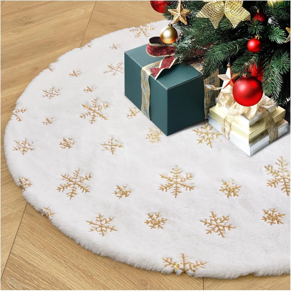 Zachte witte kerstboomrok van 90 cm met gouden sneeuwvlokken voor een feestelijke kerstdecoratie en nieuwjaarsviering, extra dik en luxe uitstraling