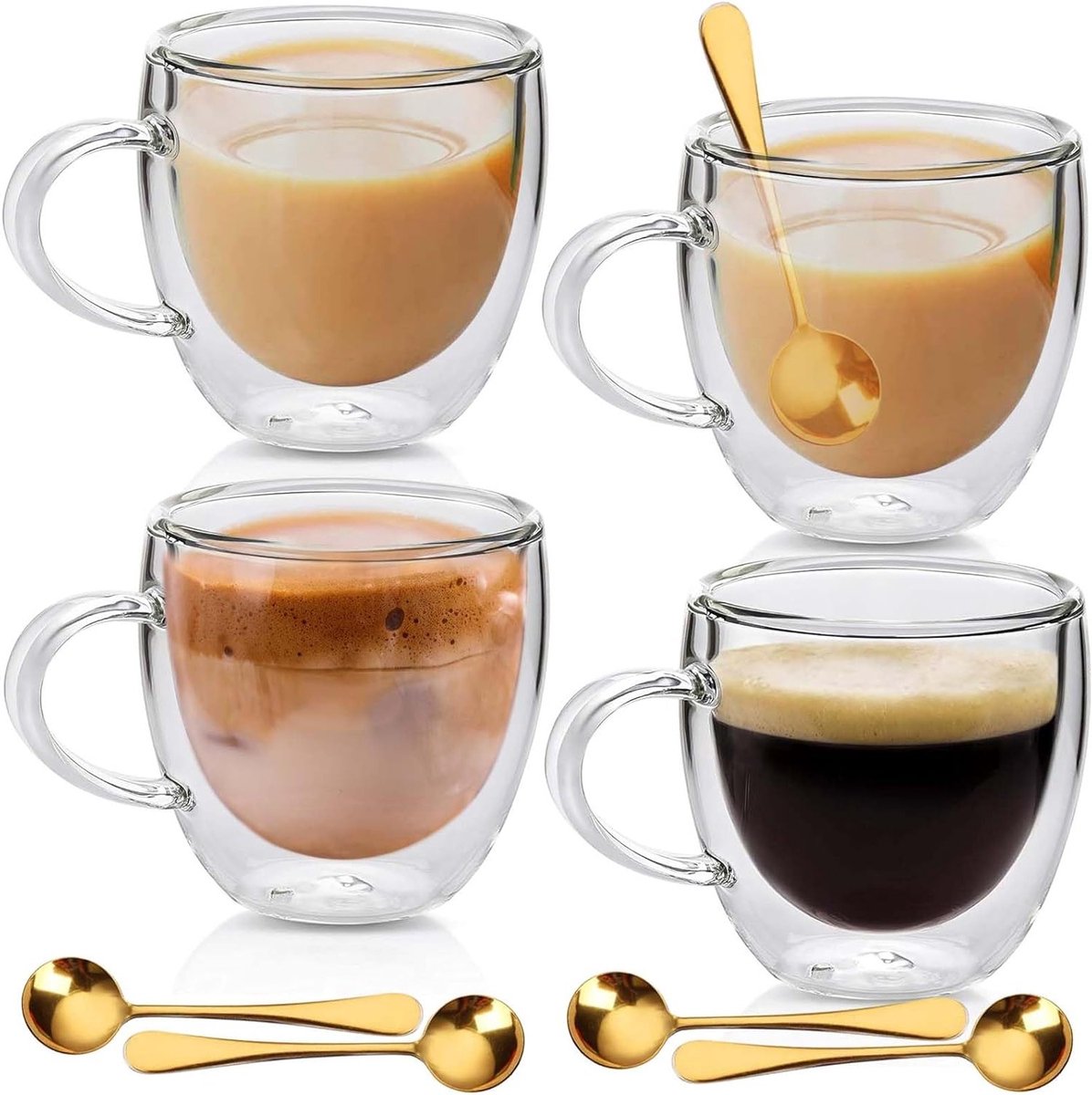 Set van 4 Dubbelwandige Glazen Koffiemokken van 250 ml met Lepels voor Latte Macchiato en Cappuccino