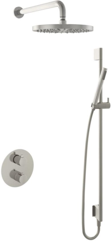 Inbouw douchesysteem met ronde thermostaatkraan, vierkante wandarm, 30cm ronde hoofddouche en staafhanddouche met glijstang.