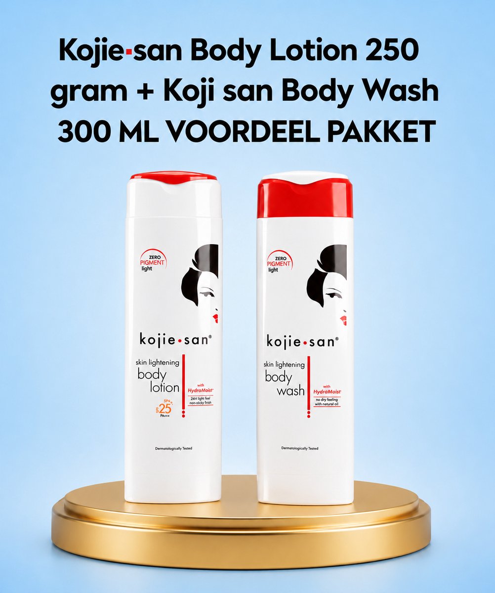 Kojie San Body Lotion 250 g + Kojie San Body Wash 300 ml – Voordeelpakket – Verhelderende & Hydraterende Huidverzorging – Helpt Donkere Vlekken te verminderen, Egaliseert de Huidtint & Verfrist – Voor een Stralende, Zachte & Gezonde Huid