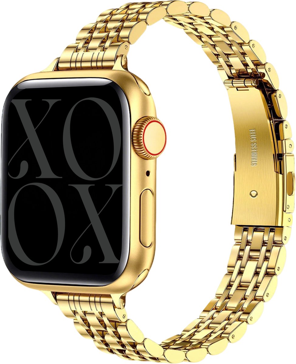 xoxo Wildhearts Smalle stalen band - Geschikt voor Apple Watch bandje - Series 1/2/3/4/5/6/7/8/9/10/11/SE - Maat: 38 mm / 40 mm / 41 mm / 42 mm - RVS metalen schakelbandje met vlindersluiting - iWatch slim steel strap - Horlogeband - Goud