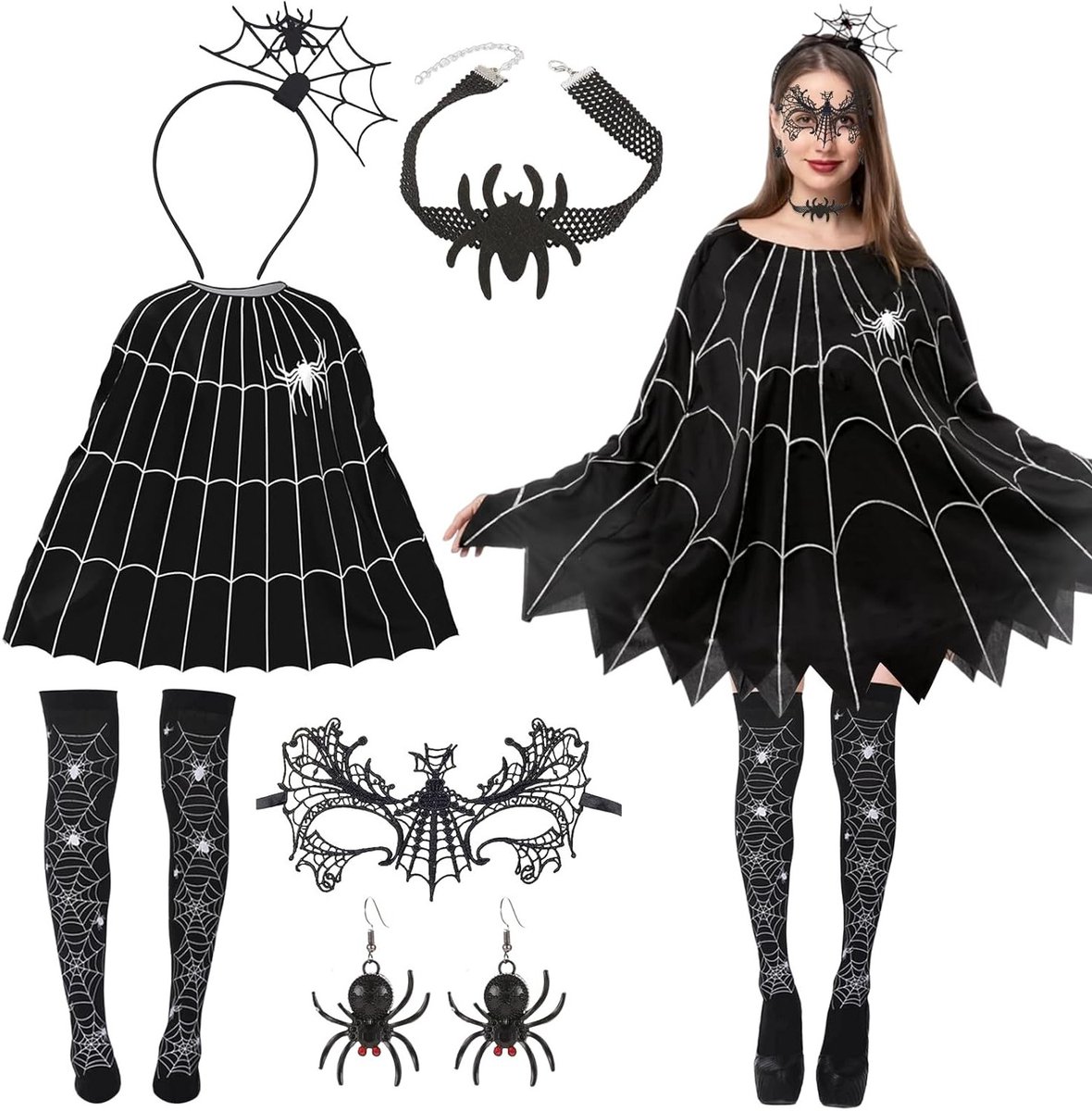 Halloween kostuum voor vrouwen met vleermuis set, spinnemasker, haarband, poncho en sieraden - creëer een unieke carnavalslook voor feesten en evenementen