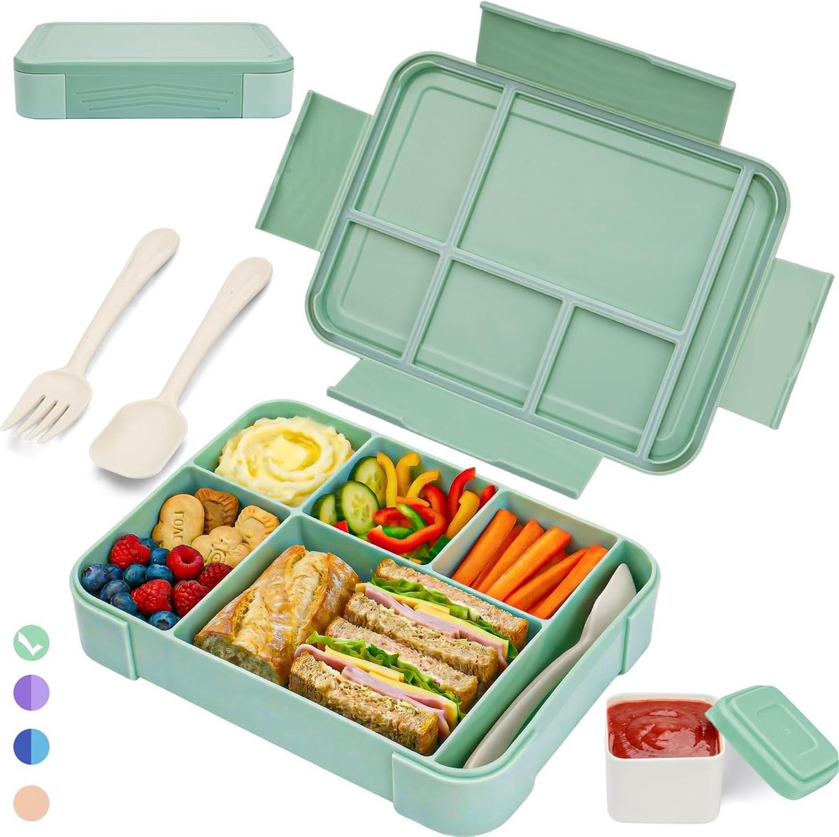 Lunchbox voor Kinderen en Volwassenen, Lekvrije Bento Box met 5 Compartimenten, Bestek en Sauspot, BPA-vrij, Magnetron- en Vaatwasserbestendig, Ideaal voor School en Werk