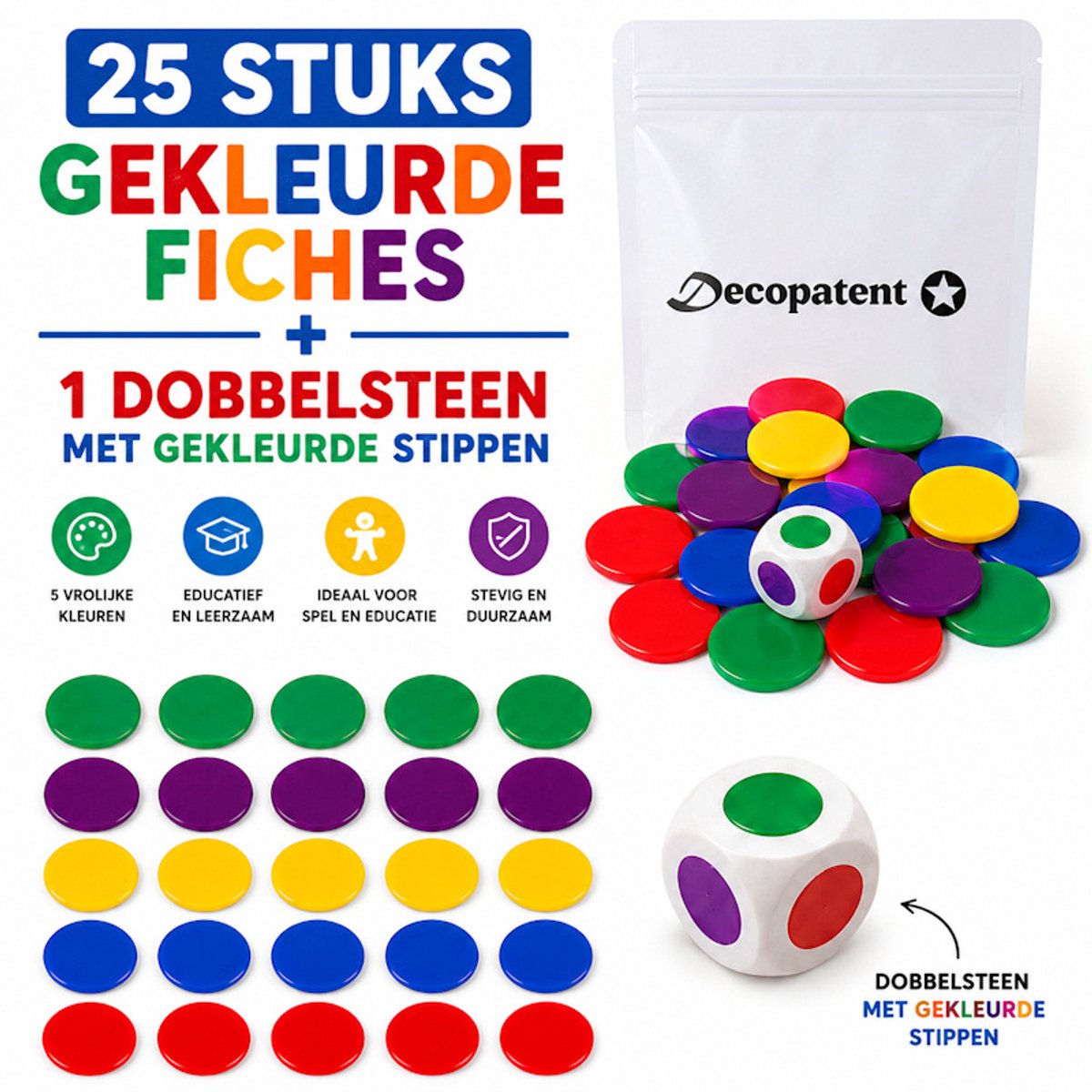 Decopatent - 25 STUKS Gekleurde Fiches 20 mm + 1x Dobbelsteen met Gekleurde Stippen - 5 Assorti Kleuren Fiches Ø2 Cm - Educatief Spel Assorti Kleuren
