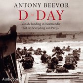 Boekomslag met 'D-DAY' in rode letters. Soldaten waden door het water met achter hen een landingsboot.