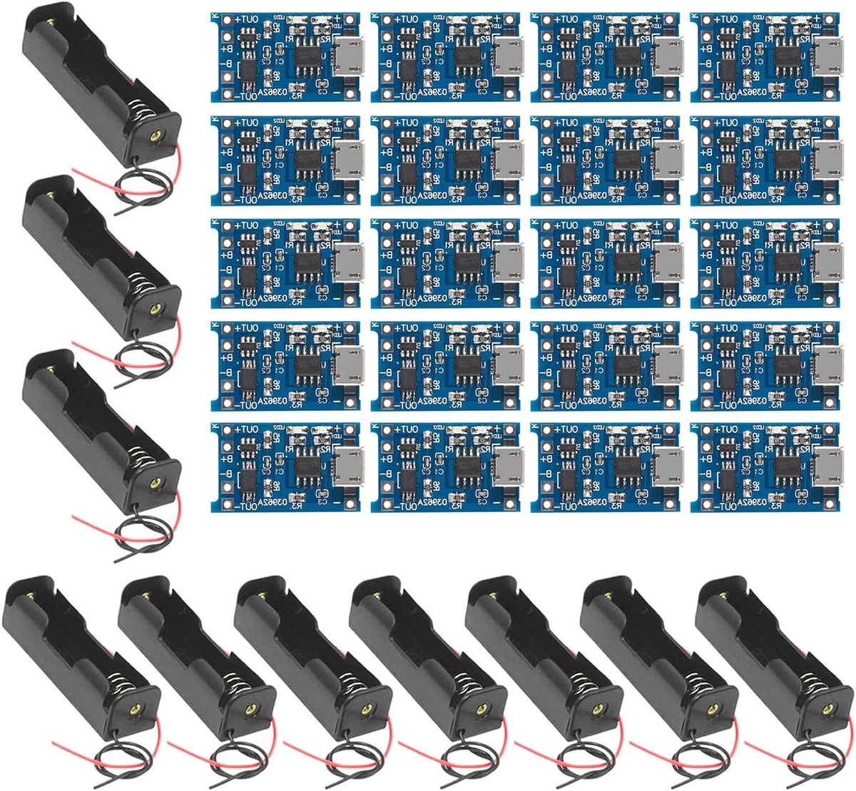 20 Stuks Micro USB Oplader Module voor 18650 Lithium Batterijen + 10 Stuks Batterijhouder met Draad Bundel