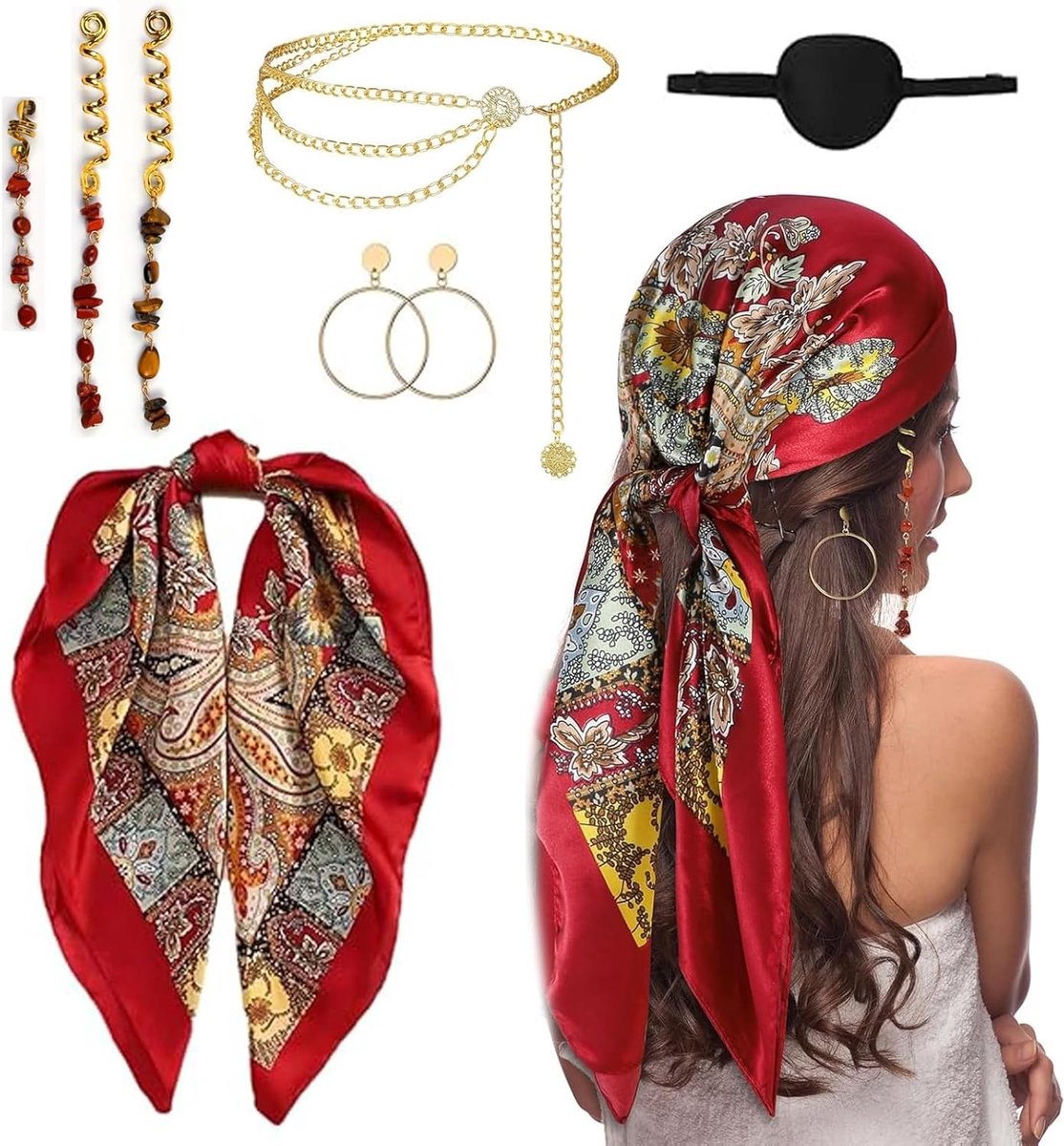Piratenkostuum accessoires voor vrouwen: hoofddeksel, oorbellen, oogmasker, tailleketting en haaraccessoires voor carnaval en Halloween