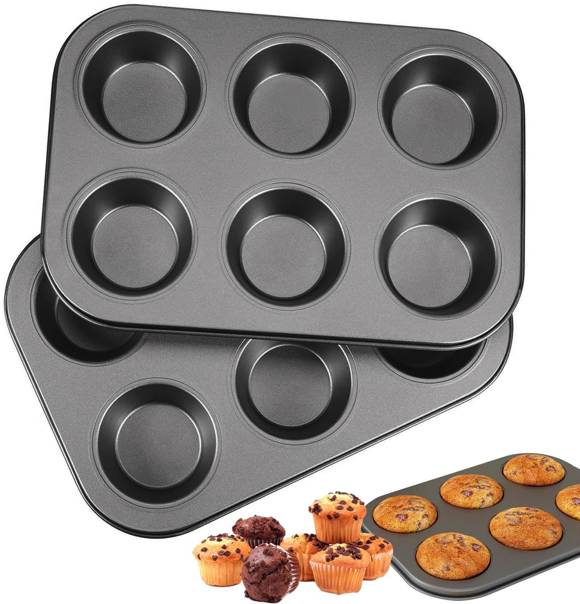 Dailygoody - Muffinvorm - Anti-aanbaklaag - Vaatwasmachinebestendig - Donkergrijs - Muffinplaat voor 6 - Perfect voor cupcakes en brownies