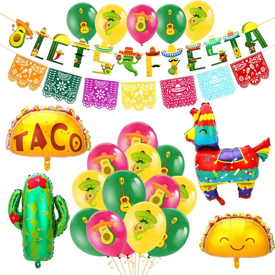 Dailygoody - Mexicaanse feestdecoraties - Fiesta-feestdecoratie - Eenvoudig op te zetten - Veelkleurig - Ballonnen en banner - Geschikt voor feestelij...