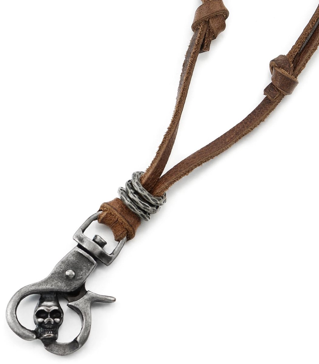 Dailygoody - Leren halsketting - Schedel - Verstelbare kreeftklauw sluiting - Bruin leer - Ruwe afwerking - Uniek design - Geschikt voor heren -