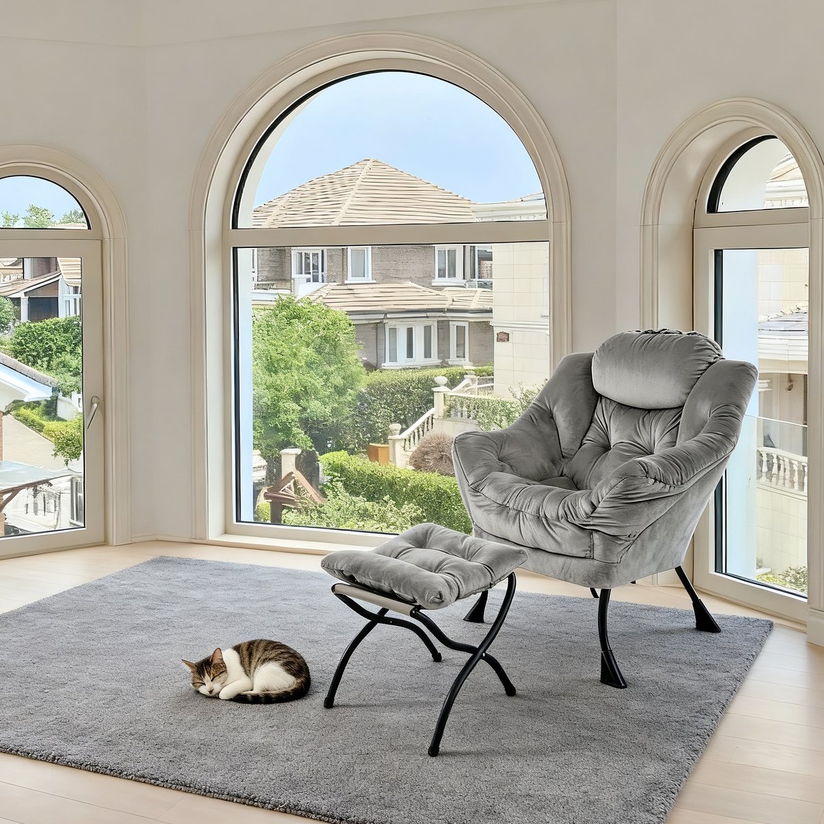 FloraGrace Fauteuil Met Hocker – Ergonomisch Comfort Met Armleuningen En Zijvak – Voor Woonkamer Of Slaapkamer – Stof – Grijs