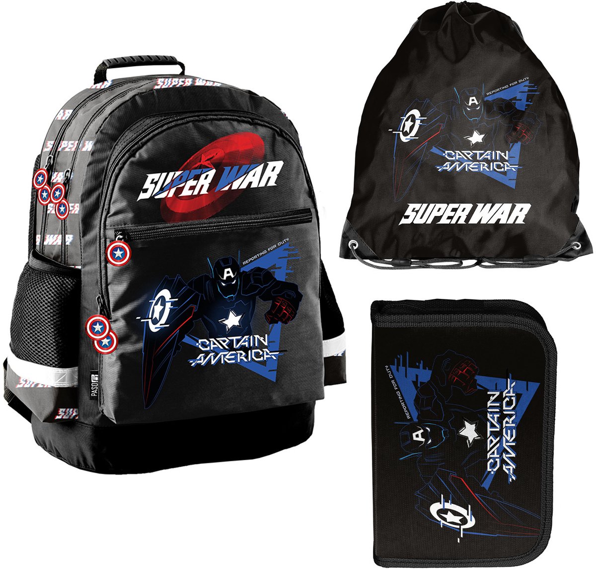 Captain America Paso - Rugzak met Tekenetui en Gymtas - Schoolrugzak - 41x28x18 cm - Zwart