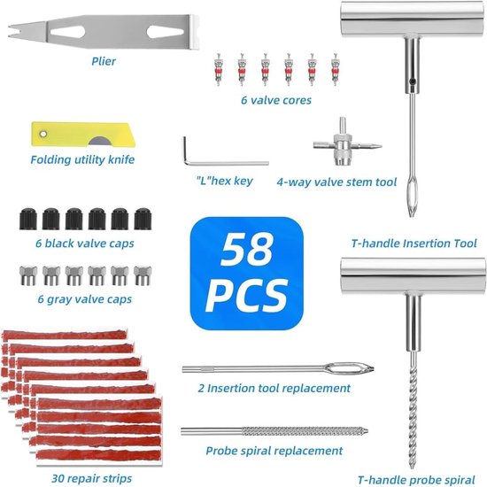 Band Reparatie Kit - Universele Set - Noodsituaties Onderweg - 58 Delige Inhoud - Compact Pakket - Zoals Afgebeeld — afbeelding 3